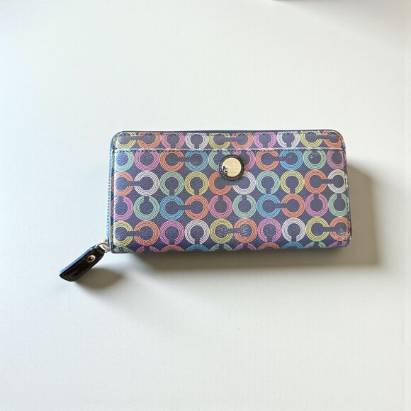 Coach Waverly Coated Canvas Accordion Zip Around Wallet 43628 Navy Card Slot - Picture 1 of 9